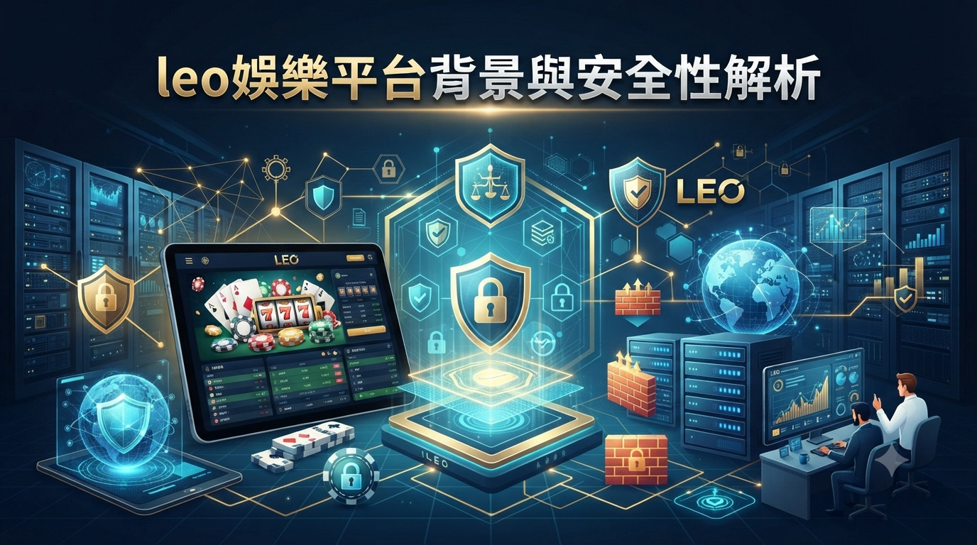 這張圖片展示了LEO娛樂平台的背景架構與資安防護解析，結合了伺服器、數據圖表與數位安全鎖的視覺元素。 畫面正上方清晰標示著主題名稱「leo娛樂平台背景與安全性解析」，突顯其核心主題與科技感。